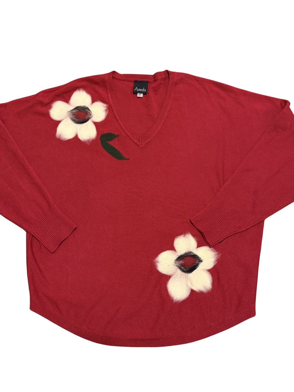 Ameda Red V-Neck Sweater with Cream Floral Accents
